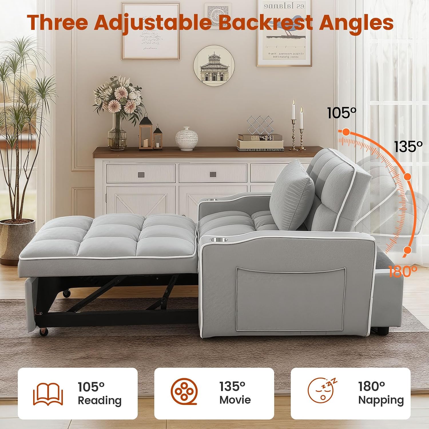 Sleeper Chair, Pull Out Chair Sleeper with Bracket and Cup Holder, Single Convertible Chairs Bed Sleepers for Adults, 3 in 1 Sofa Bed Chairs for Small Spaces, Living Room, Gray