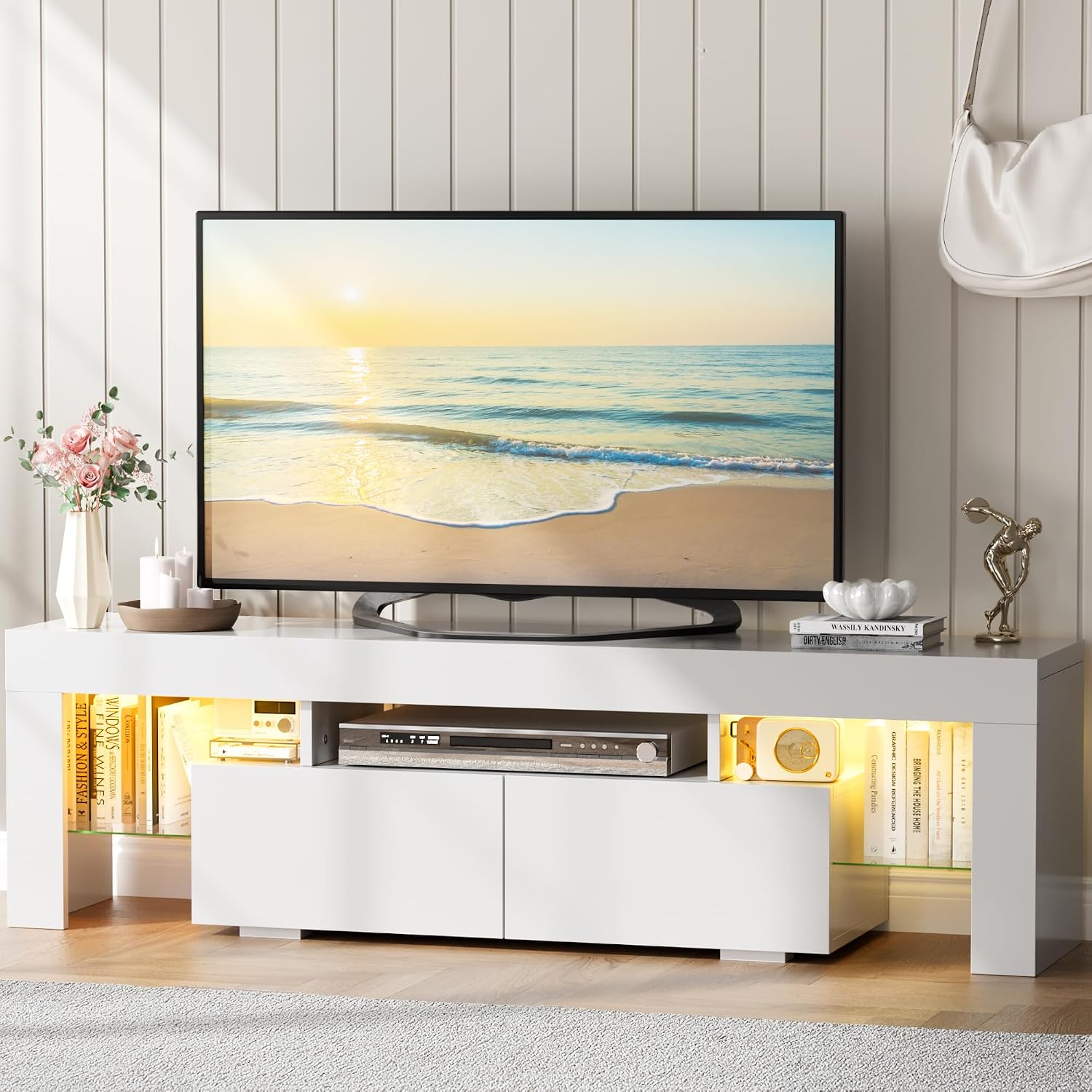 YESHOMY Modern LED TV Stand for Televisions up to 70 Inch with Glass Shelves and Drawer, Gaming Entertainment Center with Multiple Dynamic RGB Modes, for Livingroom, Bedroom, 60 Inch, Pearl White