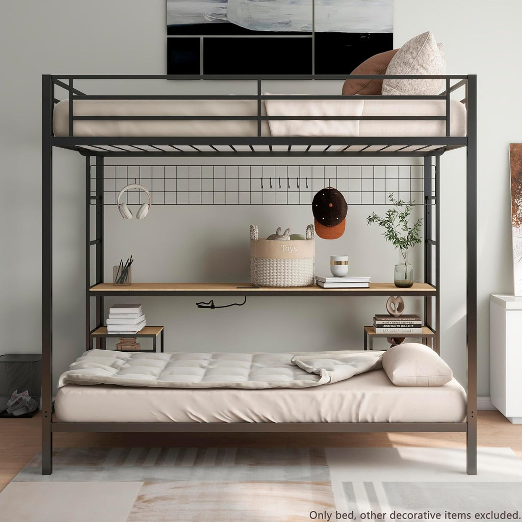 Bellemave Full Over Twin bunk Bed with Desk, loft Bed with Desk and Shelves, Full Over Twin Metal Bunk Beds with Charging Station, Black & Nature Oak