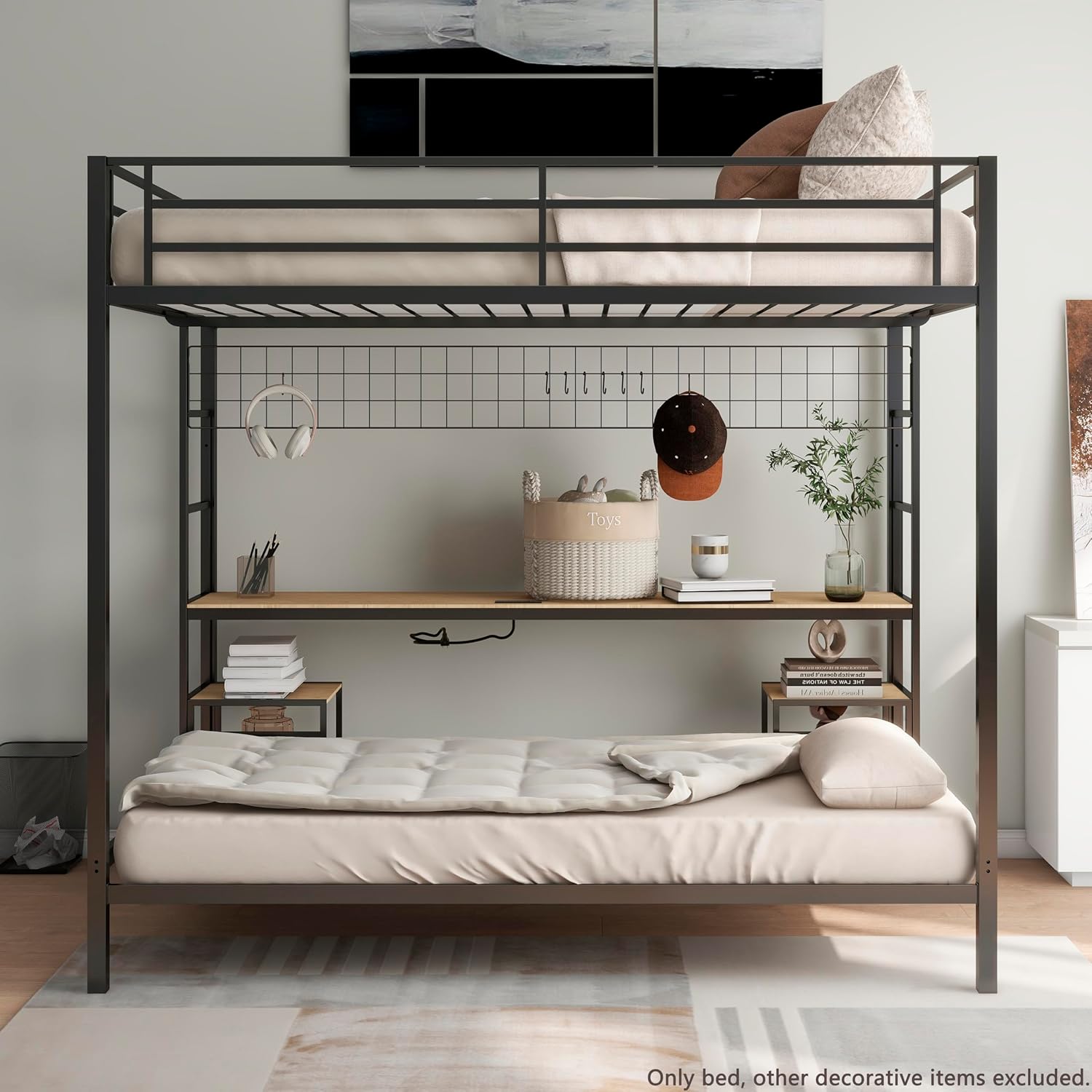 Bellemave Full Over Twin bunk Bed with Desk, loft Bed with Desk and Shelves, Full Over Twin Metal Bunk Beds with Charging Station, Black & Nature Oak