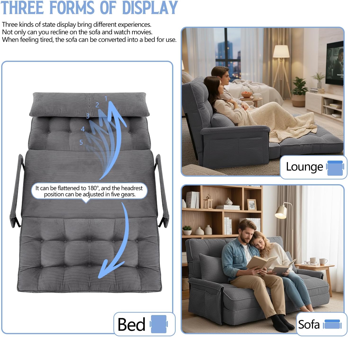 Convertible Futon Sofa Bed with Adjustable Backrest Pillows,Folding Loveseat Sleeper Sofa,Corduroy Pull Out Couches with Side Pocket for Living Room Bedroom Lounge,Grey
