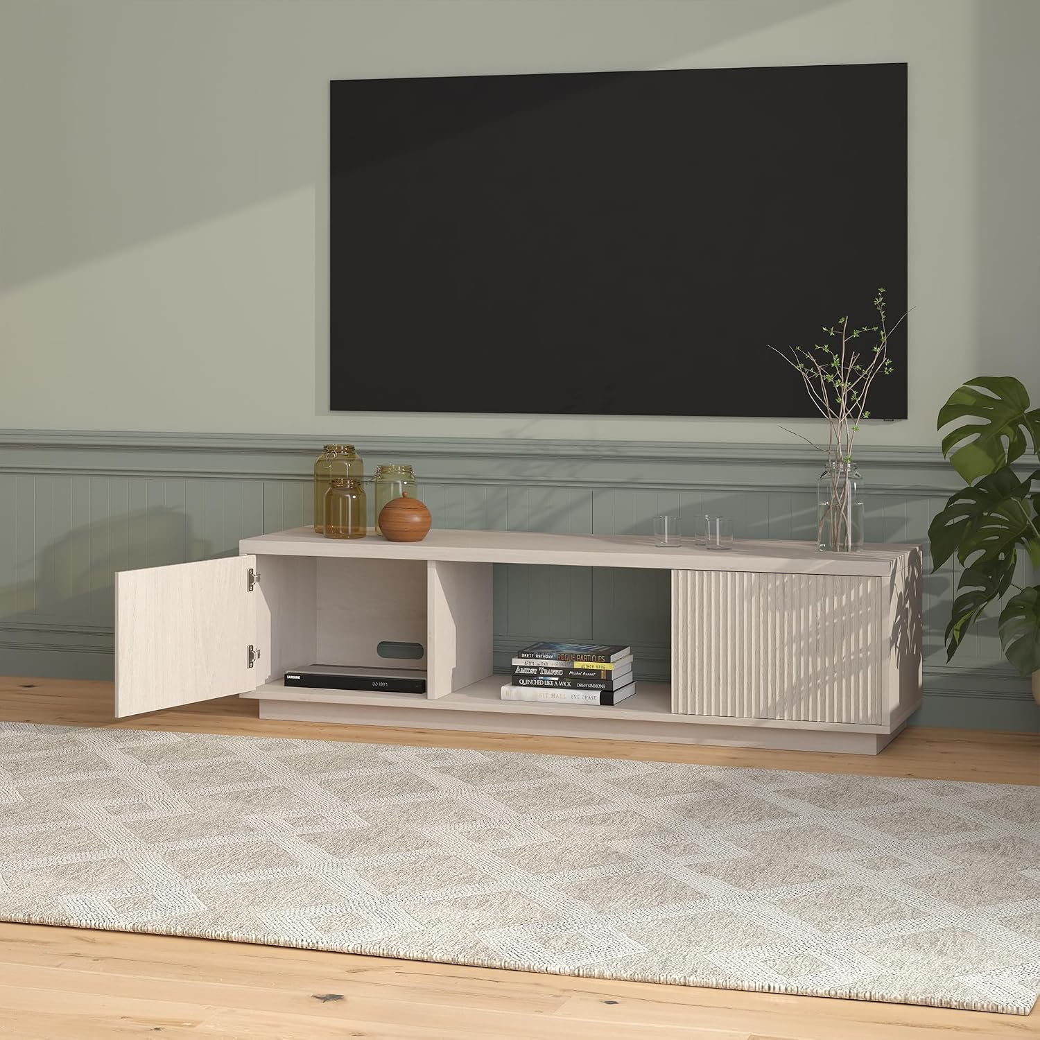Henn&Hart Fluted TV Stand for TVs up to 65' with 2 Side Storage Cabinets and Open Center Storage for Living Room, Family Room, or Office, Beech White