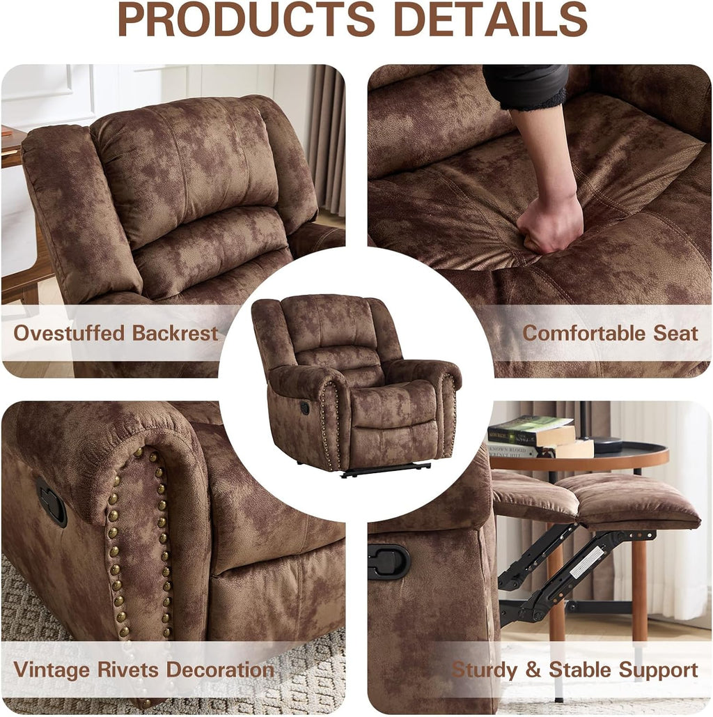 CANMOV Manual Recliner Chair, Classic and Traditional Fabric Recliner Chair with Comfortable Arms and Back Single Sofa for Living Room, Chocolate Brown