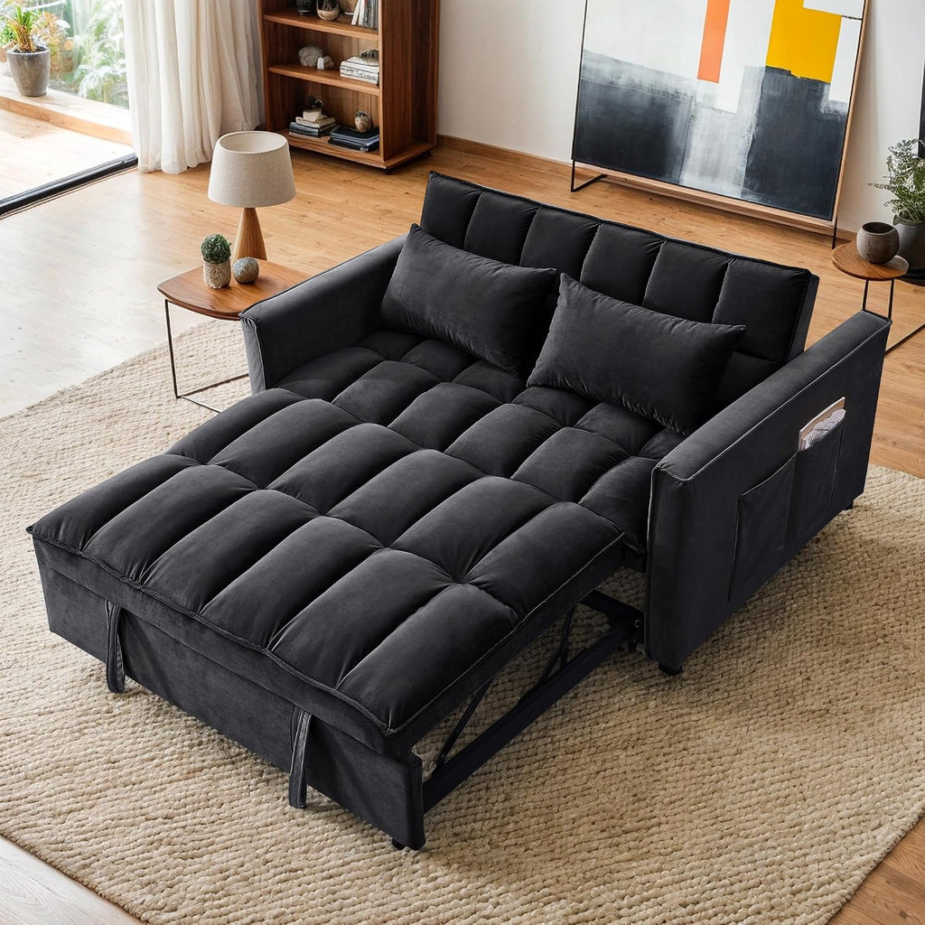 54' Sleeper Sofa Bed, Velvet Pull Out Couch with Adjustable Backrest, 3-in-1 Convertible Futon Loveseat Sleeper Sofa Couch for Small Spaces, Living Room (Black)