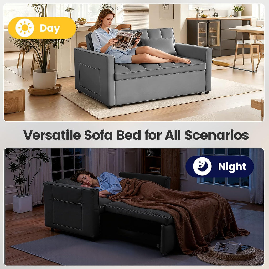 Pull Out Couch, Loveseat Sleeper Sofa Bed with Side Pockets, 3 in 1 Velvet Fabric Convertible Sofa Bed with Adjustable Backrest for Living Room, Bedroom, Apartment, Gray