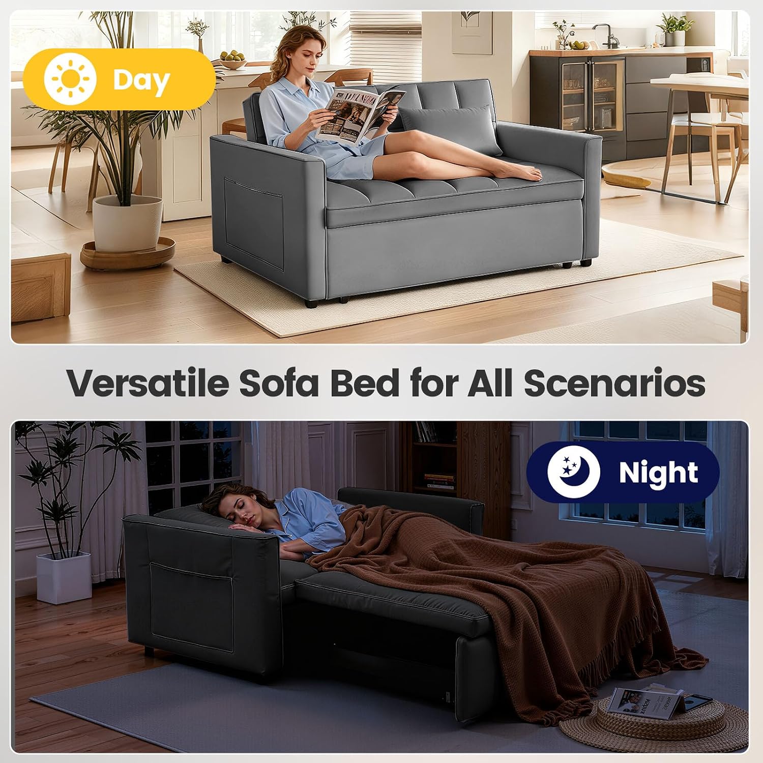 Pull Out Couch, Loveseat Sleeper Sofa Bed with Side Pockets, 3 in 1 Velvet Fabric Convertible Sofa Bed with Adjustable Backrest for Living Room, Bedroom, Apartment, Gray