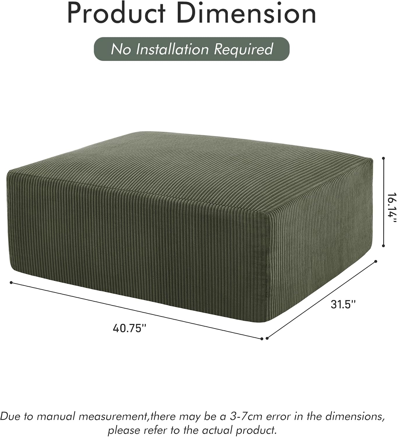 Gericco 113' Modular Sectional Couch, Cloud Boneless Sofa with Deep Seats, Upholstered Corduroy Square Stuffed Pouf, 2 Pcs 40 * 31 Inch Furry & Fluffy Movable Foot Stool for Living Room, Green