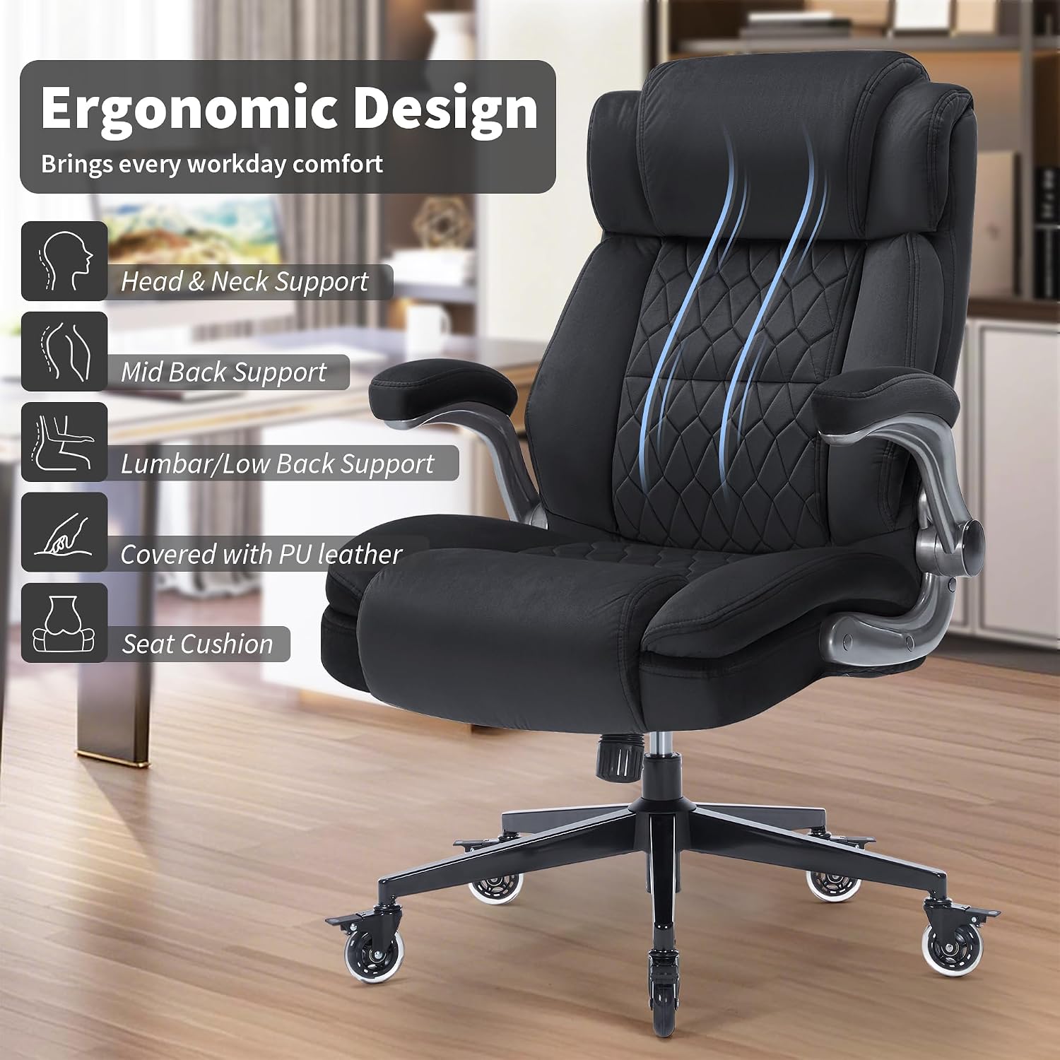 Office Chair with Locking Wheels, Ergonomic High Back Fabric Desk Chair with Adjustable Lumbar Support, Flip-Up Arms, Thick Padded Seat, 400lbs Heavy Duty for Home Office Adults