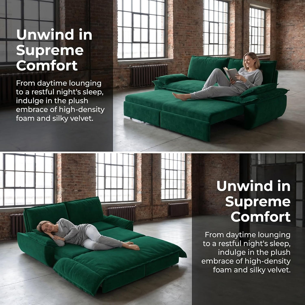 73.2' Sofa Bed Queen, 3-in-1 Pull Out Sofa Bed with Pillow Armrest, Modern Velvet Convertible Sleeper Futon Sofa for Living Room Small Space, Apartment, Bedroom, Green