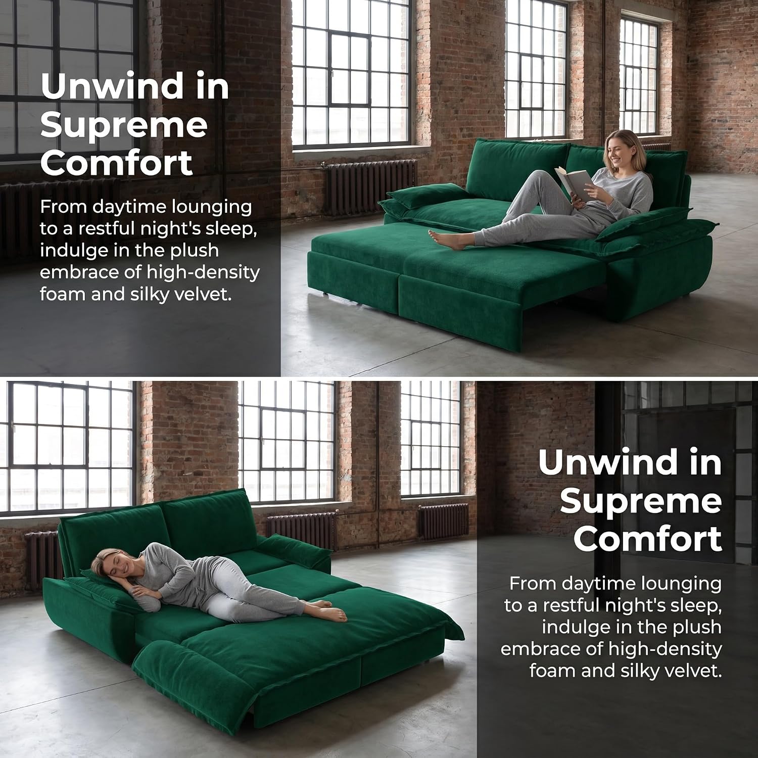 73.2' Sofa Bed Queen, 3-in-1 Pull Out Sofa Bed with Pillow Armrest, Modern Velvet Convertible Sleeper Futon Sofa for Living Room Small Space, Apartment, Bedroom, Green