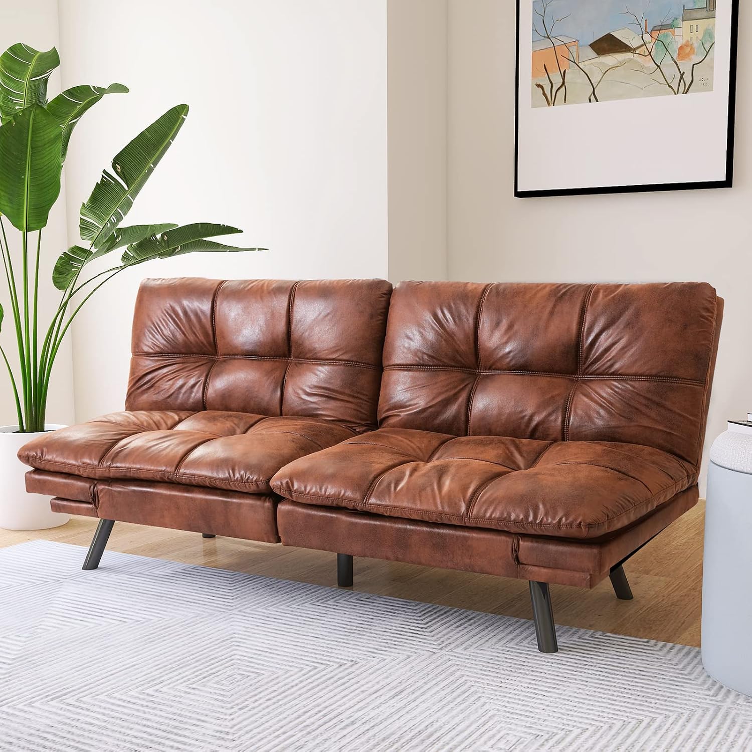 Opoiar Futon Sofa Bed,Lounge Memory Foam Sleeper Couch for Living Room,Convertible Loveseat for Compact Living Spaces,Studio Apartment,Dorm,Home Office,71'-Brown-Faux Leather-Thicker versio