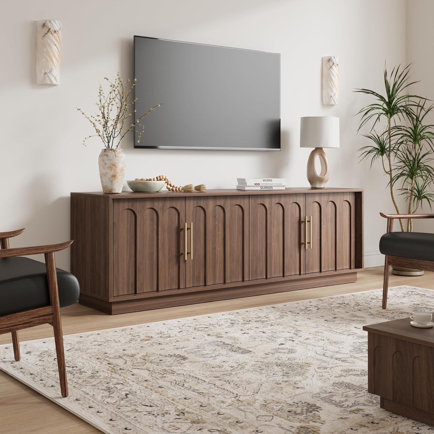 FORTUNETEC TV Stand for 75 Inch TV, Mid Century Modern TV Stand with Arched Design, Wood Grain Finish, Media Console with Adjustable Shelves, 67' Entertainment Center for Living Room Bedroom, Walnut