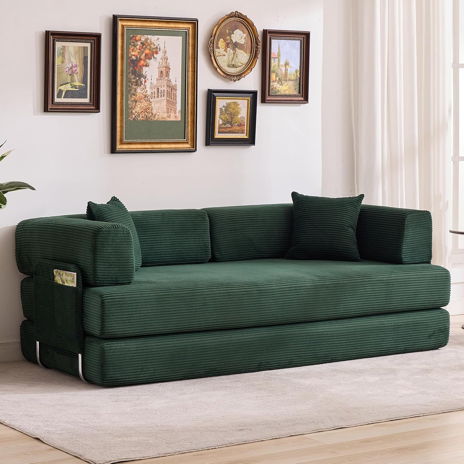 Garvee 5-in-1 Convertible Sofa Bed, 78.8' Modular Corduroy Sleeper with Sturdy Frame & No Assembly, Multi-Functional Futon for Small Space, Living Room & Guest Room (Green) (Dark Green)