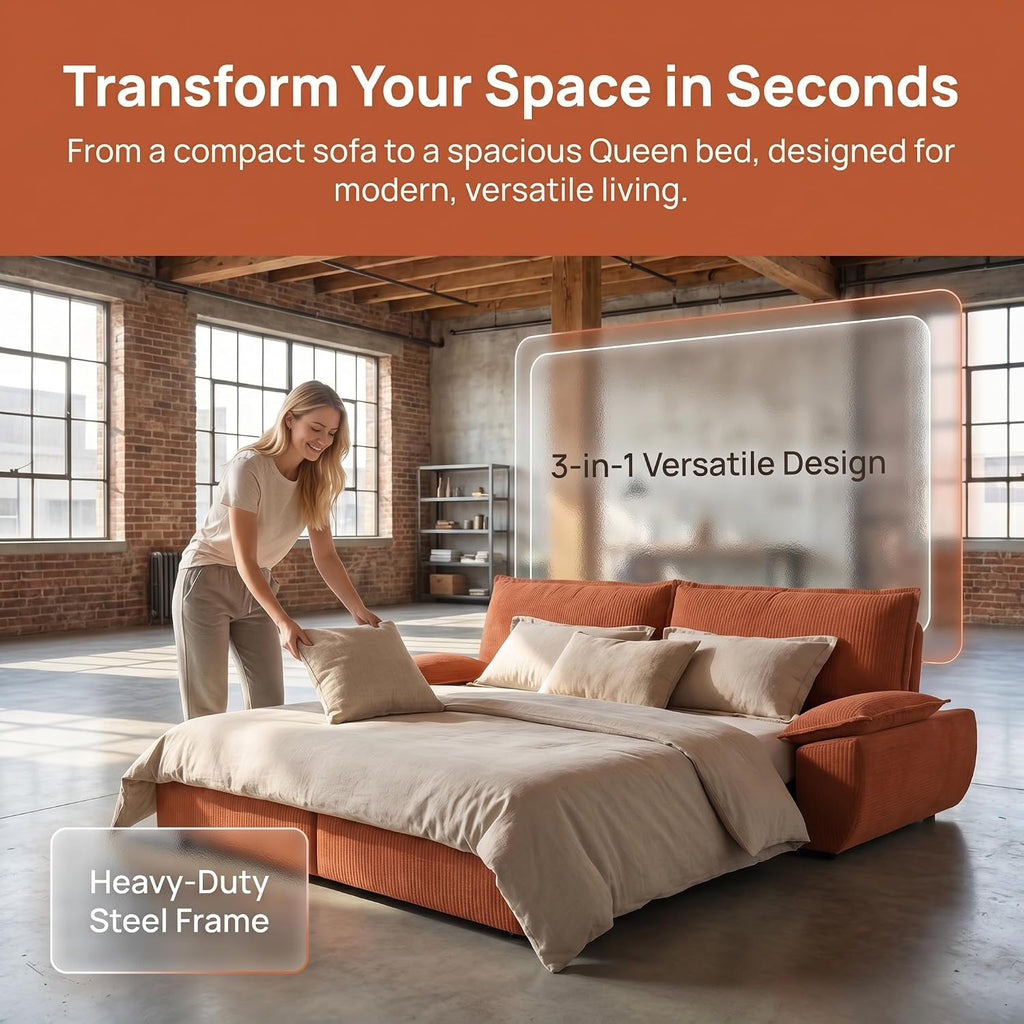 73.2' Sofa Bed Queen, 3-in-1 Pull Out Sofa Bed with Pillow Armrest, Modern Corduroy Convertible Sleeper Futon Sofa for Living Room Small Space, Apartment, Bedroom, Orange