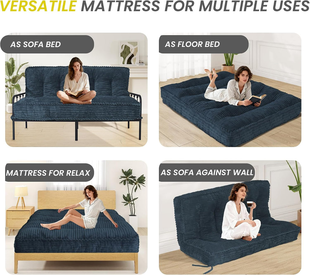 8' Futon Mattress Full Size 54' x 80', Futon Sofa Couch Bed with Twisted Rope Design Edging, Extra Thick Corded Floor Futon Mattress Sleeping Mat for Adults, Camping, Dorm, Blue(Frame Not Included)