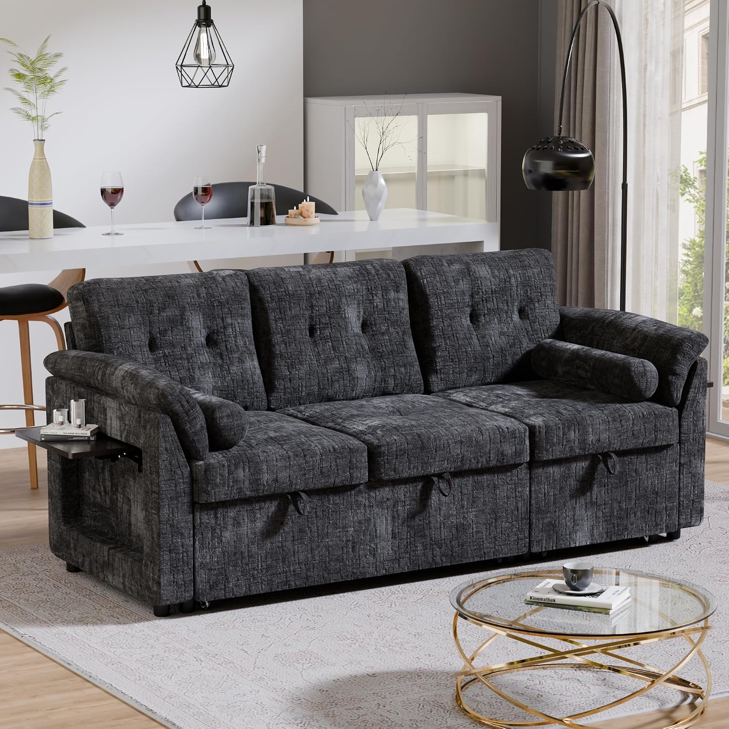 Convertible Sleeper Sofa Bed, 63 Inch Chenille Pull Out Couch with Side Table & Adjustable Backrest, Sectional Sleeper Sofa with Pull Out Bed for Living Room, Apartment, Black