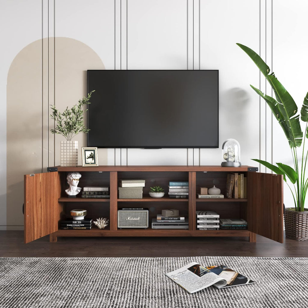 YESHOMY Modern Farmhouse TV Stand with Two Barn Doors and Storage Cabinets for Televisions up to 65+ Inch,Entertainment Center Console Table,Media Furniture for Living Room,58 Inch, Walnut,YH-TS103DWA