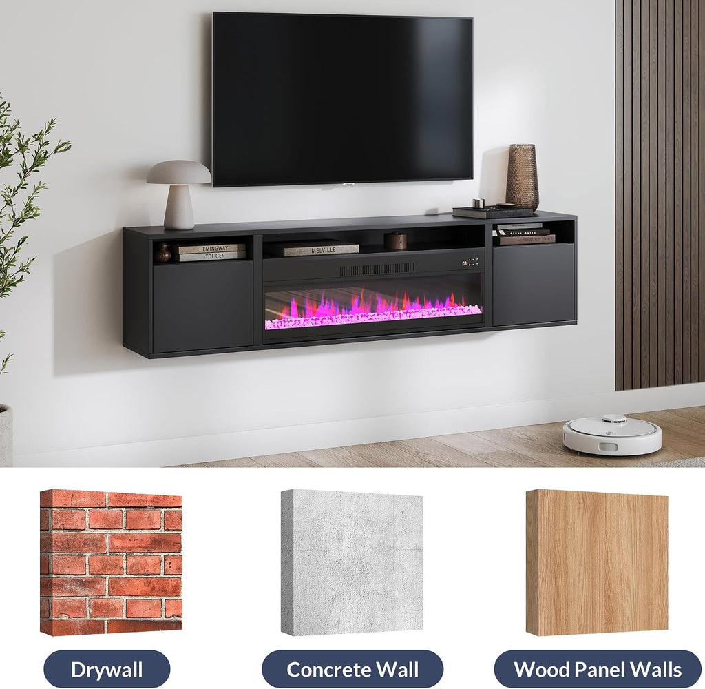 BELLEZE 70' Floating Fireplace TV Stand Wall Mounted with 36' Electric Fireplace,960 RGB Colors Entertainment Center with Storage for TVs up to 80', Modern Media Console TV Shelf for Living Room