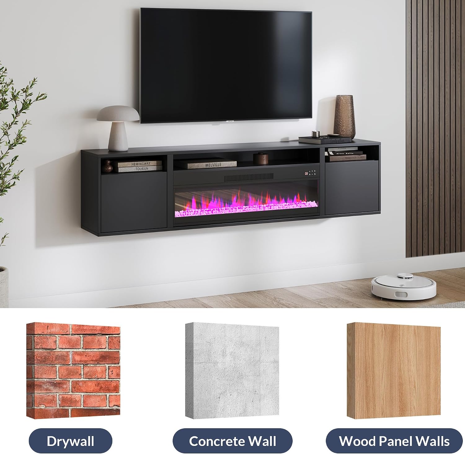 BELLEZE 70' Floating Fireplace TV Stand Wall Mounted with 36' Electric Fireplace,960 RGB Colors Entertainment Center with Storage for TVs up to 80', Modern Media Console TV Shelf for Living Room
