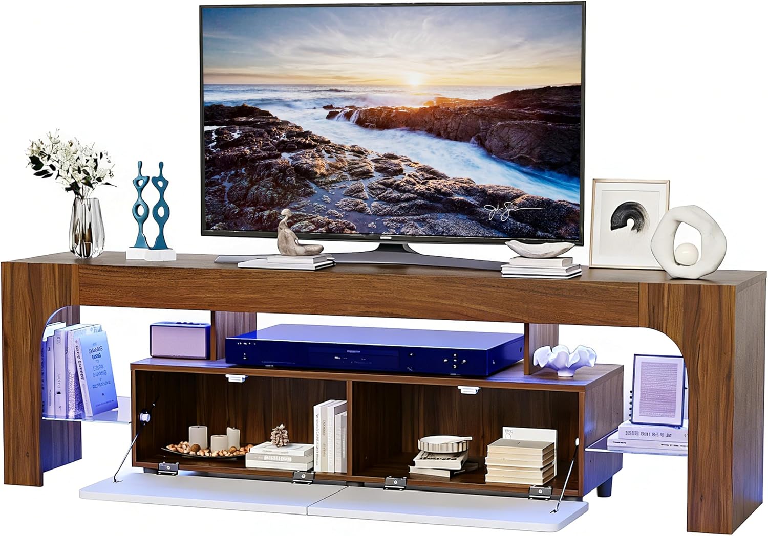 Garvee Modern Lighting TV Stand with Large Storage Drawer for 50 55 60 65 70 75 Inch TVs, TV Console Table with Control Color LED Lights, Entertainment Center Media for Living Room, Bedroom, Walnut
