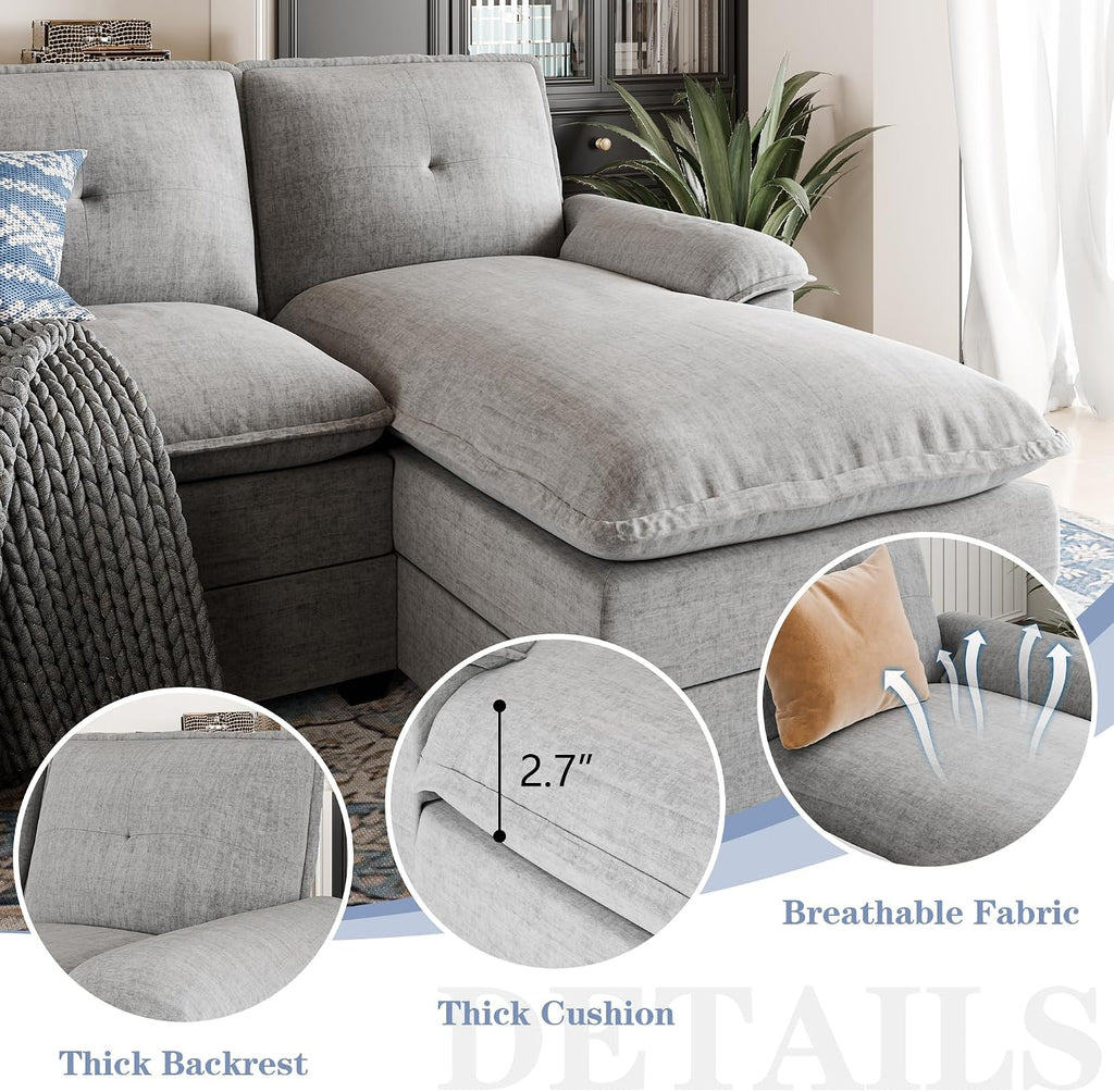 110' Sectional Couches for Living Room,U Shaped Big Sofa Couch with Double Chaise,Modern 4 Seat Modular Sofa Couches with Thick Cushion & Soft Backrest,New Grey