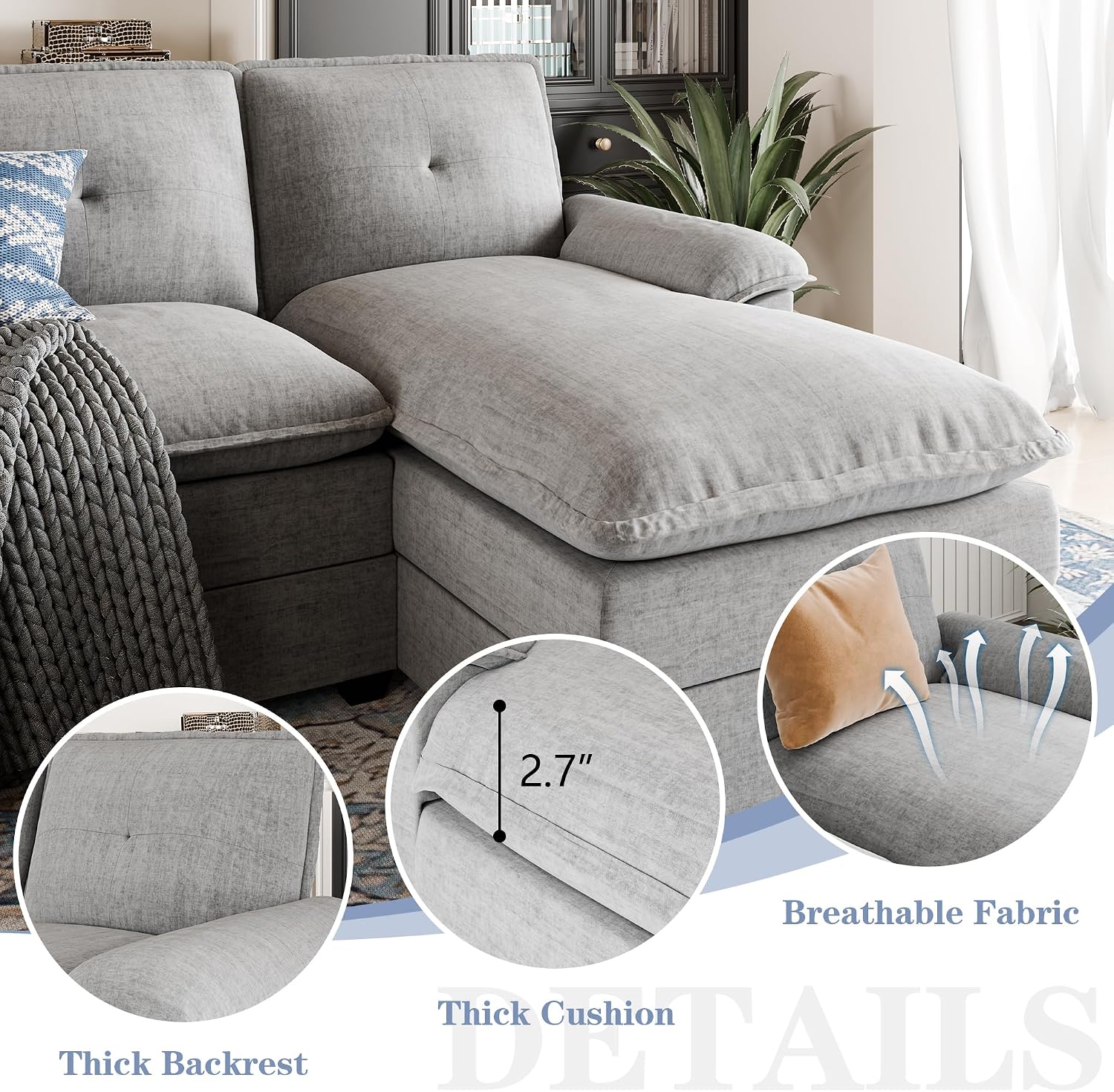 110' Sectional Couches for Living Room,U Shaped Big Sofa Couch with Double Chaise,Modern 4 Seat Modular Sofa Couches with Thick Cushion & Soft Backrest,New Grey