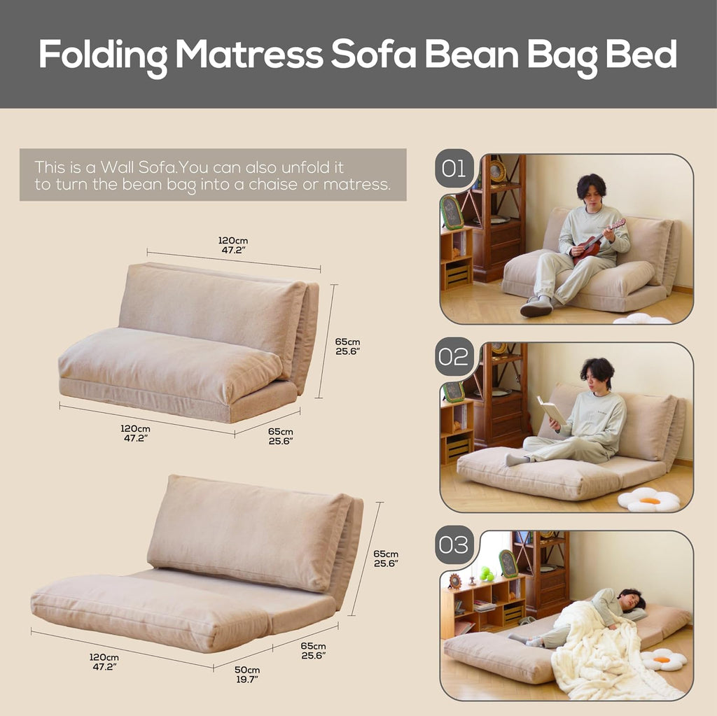 N&V Folding Matress Sofa Bean Bag Bed, Foam Filling Folding Matress Sofa, Includes Removable and Machine Washable Cover, Soft Premium Faux Fur (Medium, Champagne)
