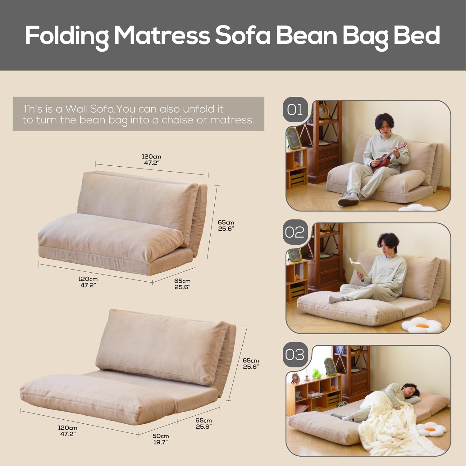 N&V Folding Matress Sofa Bean Bag Bed, Foam Filling Folding Matress Sofa, Includes Removable and Machine Washable Cover, Soft Premium Faux Fur (Medium, Champagne)