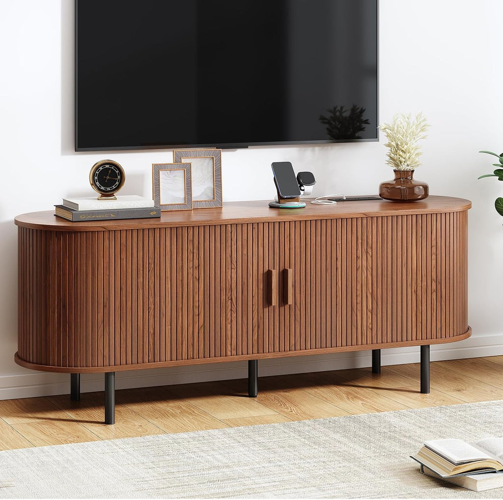 55' TV Stand with Power Outlet, Mid-Century Modern Television Stand, Fluted Media Console with Sliding Doors, Entertainment Center for TVs up to 60 Inch, Adjustable Shelves, Walnut