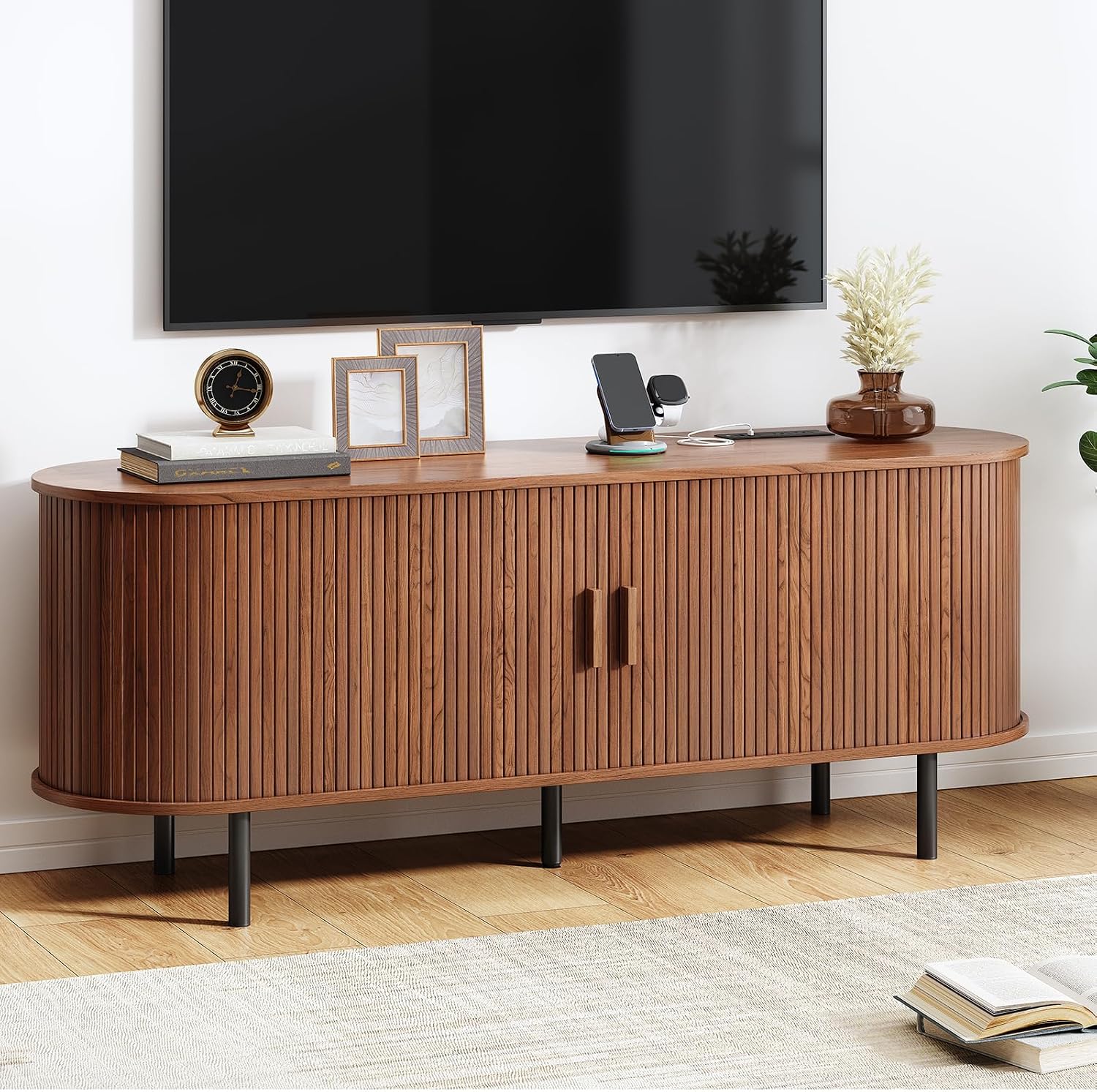 55' TV Stand with Power Outlet, Mid-Century Modern Television Stand, Fluted Media Console with Sliding Doors, Entertainment Center for TVs up to 60 Inch, Adjustable Shelves, Walnut