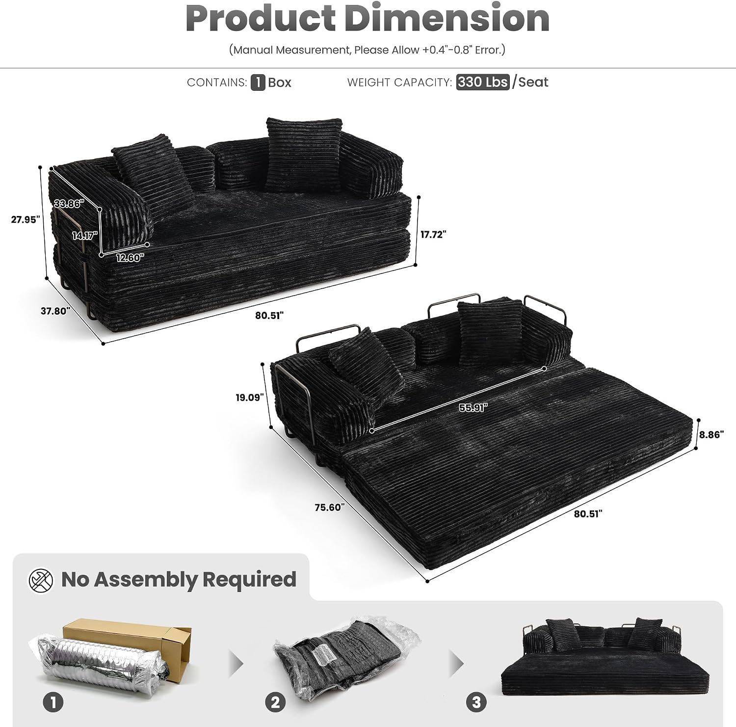 ovios 81' Folding Sofa Bed, Foldable Sleeper Boneless Couch with Pull Out Beds, Modular Convertible Floor Futon Loveseat Lounger for Living Room (Faux Fur, Black)