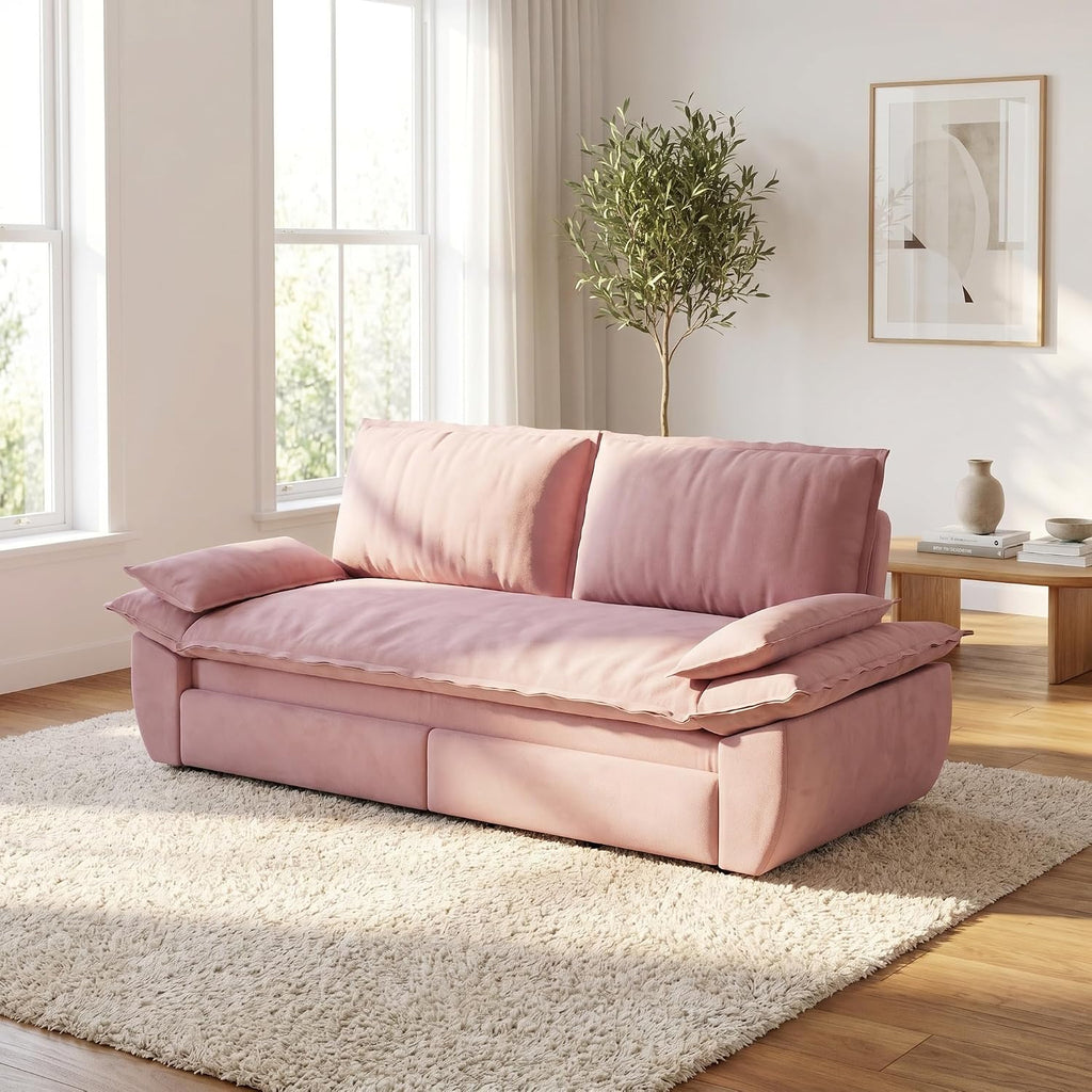 73.2' Sofa Bed Queen, 3-in-1 Pull Out Sofa Bed with Pillow Armrest, Modern Velvet Convertible Sleeper Futon Sofa for Living Room Small Space, Apartment, Bedroom, Pink