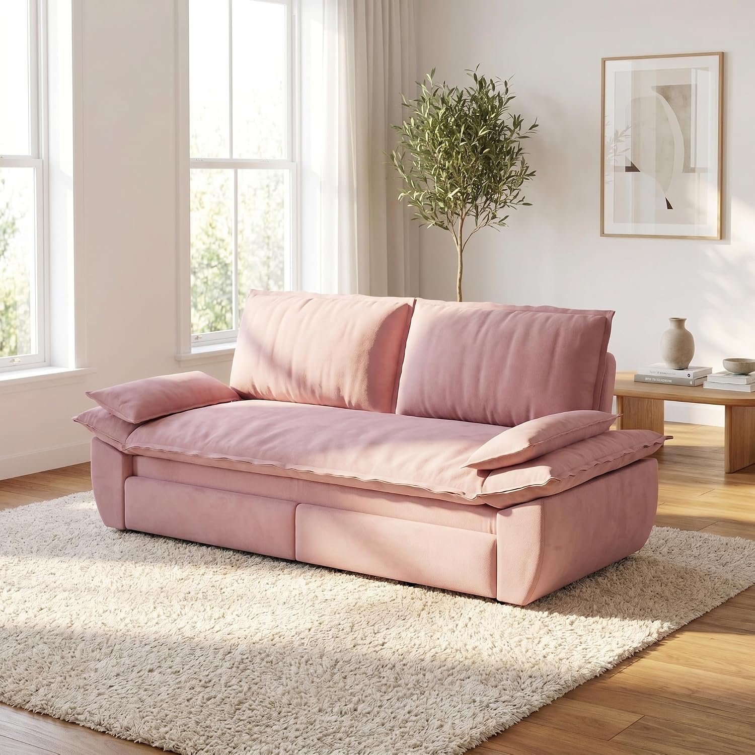 73.2' Sofa Bed Queen, 3-in-1 Pull Out Sofa Bed with Pillow Armrest, Modern Velvet Convertible Sleeper Futon Sofa for Living Room Small Space, Apartment, Bedroom, Pink