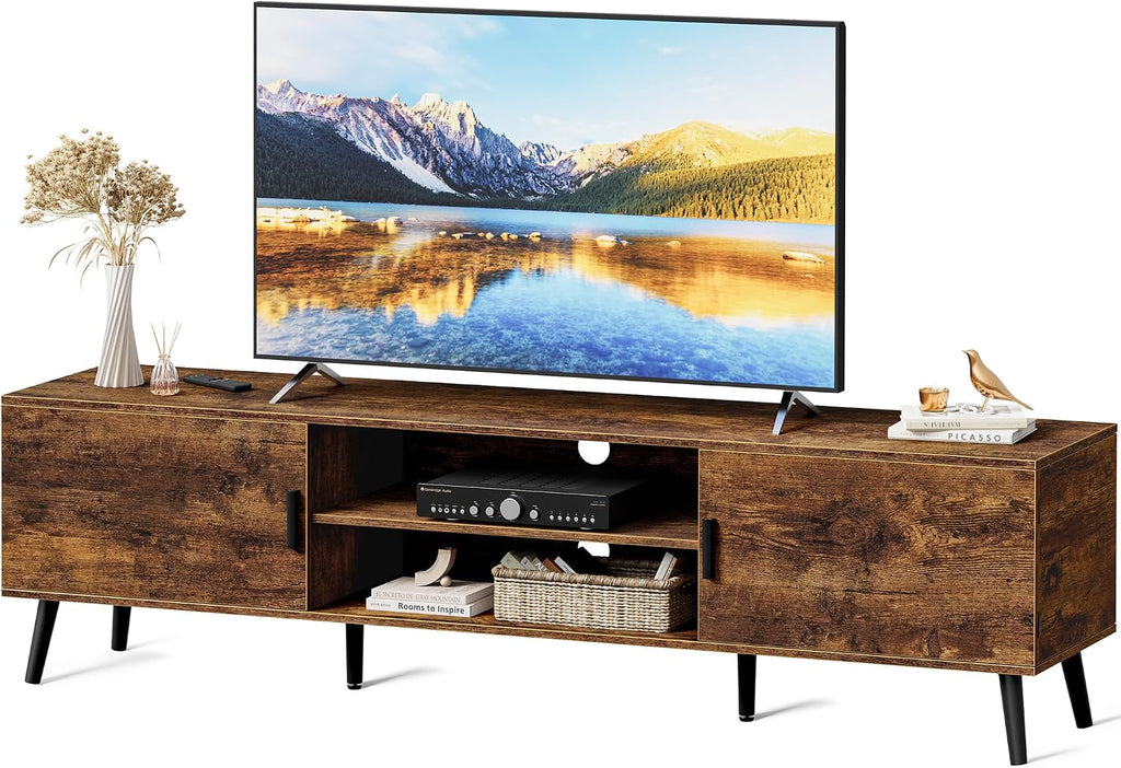 SUPERJARE TV Stand for 55, 65 Inch TV, 63 Inch Entertainment Center with Adjustable Shelf, 2 Cabinets, TV Console Table, Media Console, Solid Wood Feet, 4 Cord Holes, for Living Room, Rustic Brown