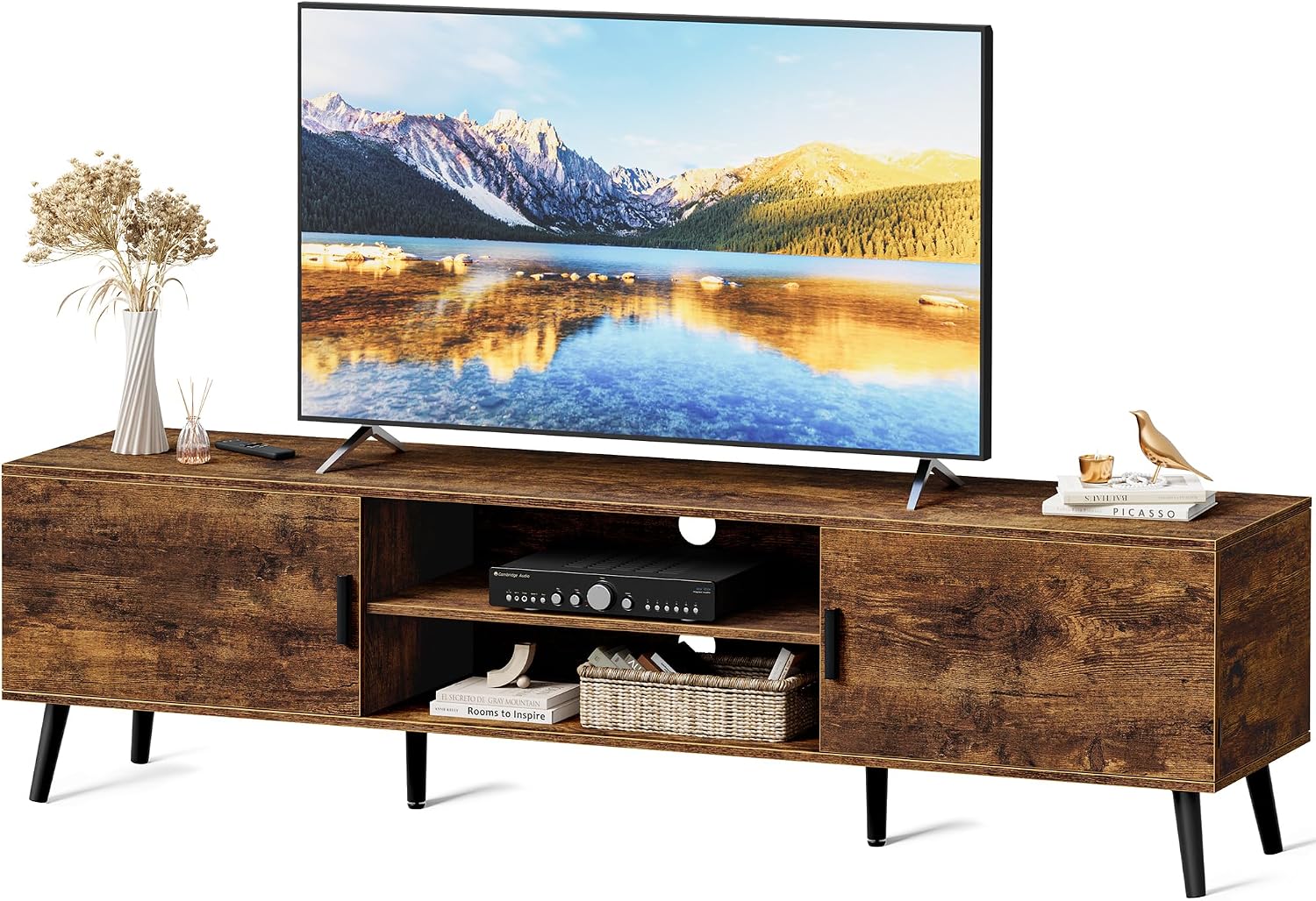 SUPERJARE TV Stand for 55, 65 Inch TV, 63 Inch Entertainment Center with Adjustable Shelf, 2 Cabinets, TV Console Table, Media Console, Solid Wood Feet, 4 Cord Holes, for Living Room, Rustic Brown