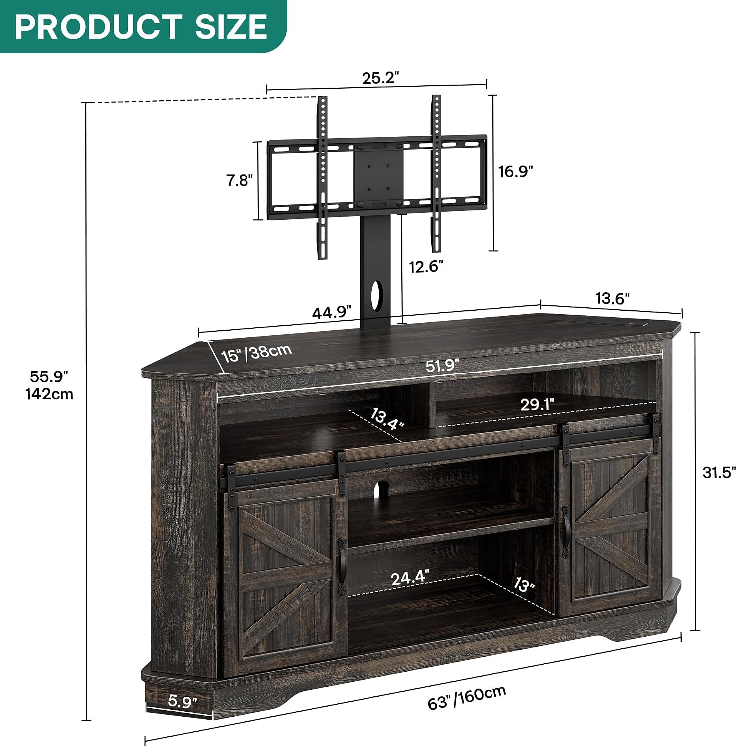 YITAHOME Farmhouse TV Stand with Mount & Power Outlet for 70 Inch TV, Corner Entertainment Center with Sliding Barn Doors, TV Media Console Table with Storage, Living Room, 63 Inch, Dark Rustic Oak