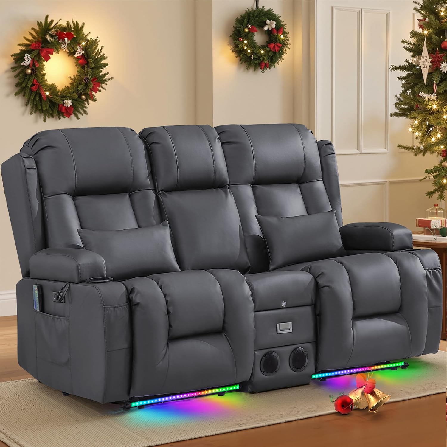 TUNYI Power Loveseat Recliner Sofa with Massage & Heat Home Theater Seating with Console RV Recliner Loveseat Sofa with USB/Storage/Side Pocket/LED Light/Speaker (Warm Grey, Loveseat)