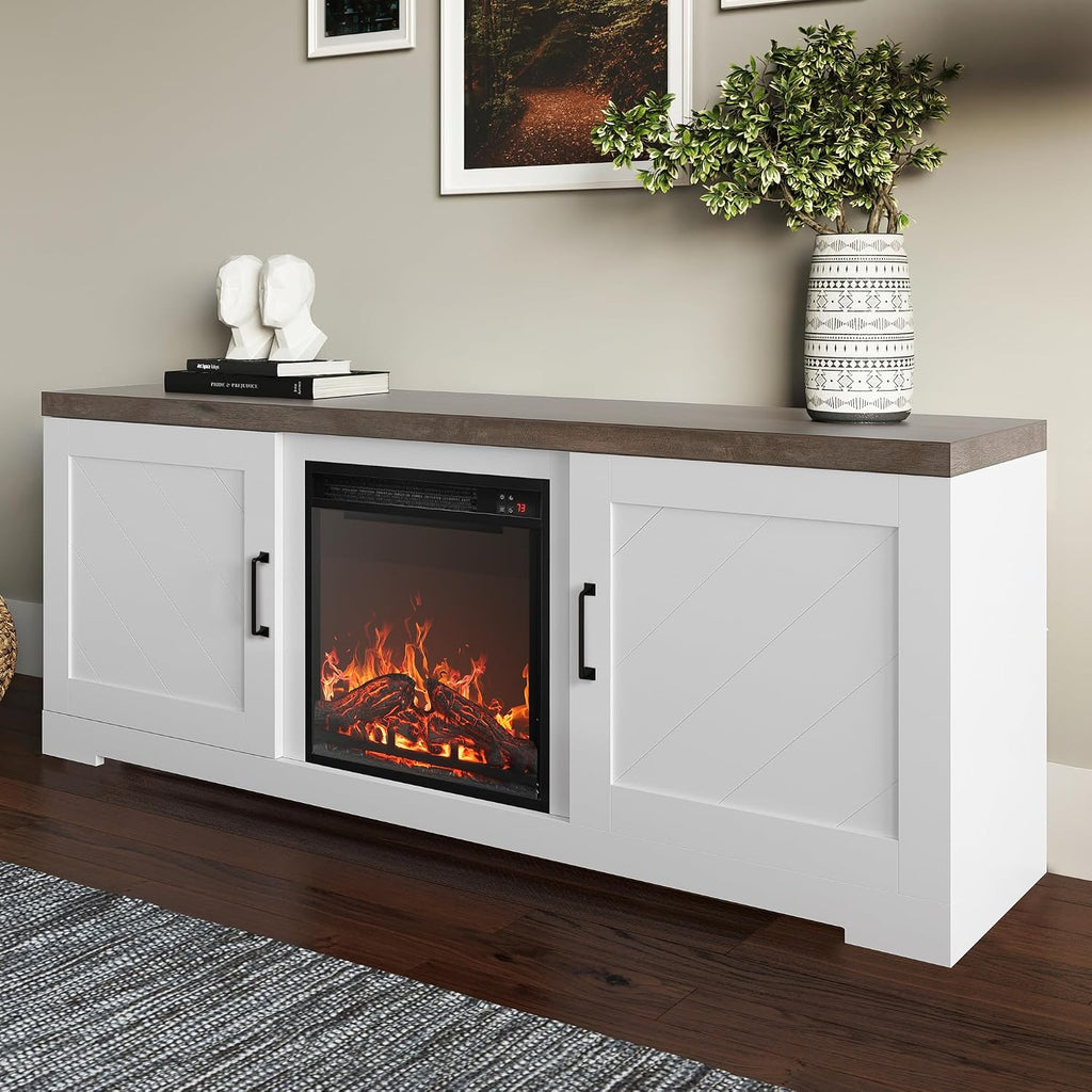 BELLEZE Modern 58' Farmhouse TV Stand with 18' Electric Fireplace Heater & Media Entertainment Center for TV up to 65', Console Table with Storage Cabinets - Hilo (White)
