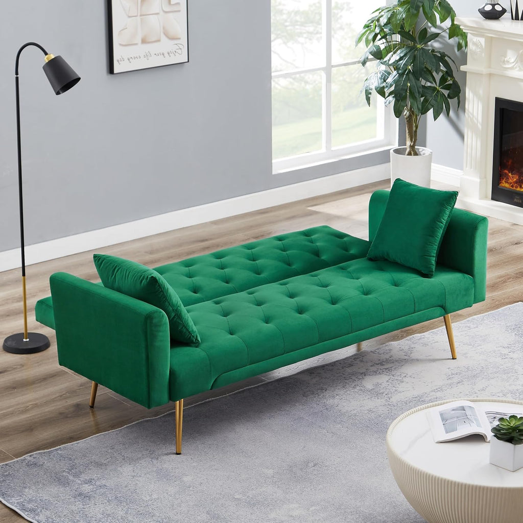 71.65'' Convertible Sofa Bed Modern Futon Set, Velvet Foldable Reclining Loveseat, Three Adjustment Angles,Mid Century Modern Couches for Living Room/Bedroom/Apartment, Easy Assembly,Green