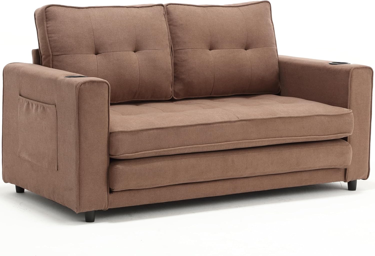 Merax Folding Sofa Bed with 2 Storage Pockets, Linen Convertible Couch Bed with Cup Holders, Loveseat Sleeper Sofa, Folding Couch Bed for Small Spaces for Living Room, Apartment, Brown