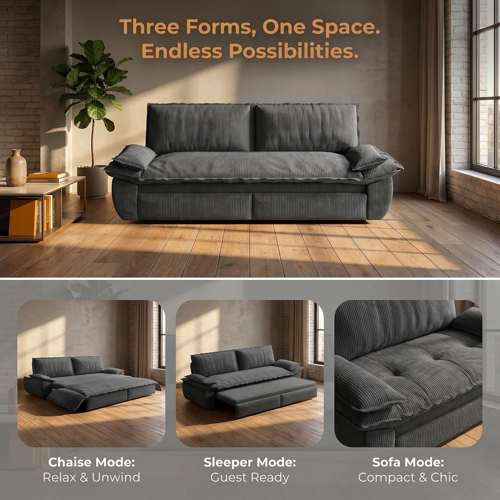 73.2' Sofa Bed Queen, 3-in-1 Pull Out Sofa Bed with Pillow Armrest, Modern Corduroy Convertible Sleeper Futon Sofa for Living Room Small Space, Apartment, Bedroom, Grey