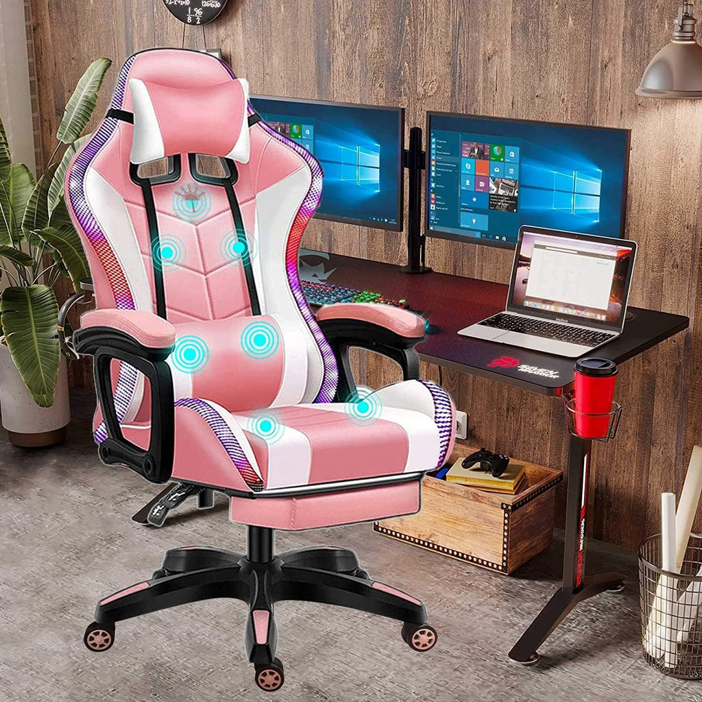 Massage Gaming Chair with Footrest and LED Lights, Video Game Chair with Speakers, Adjustable Height and Armrest, PU Leather, Ergonomic Office Computer Chair for Adults and Teens,Pink