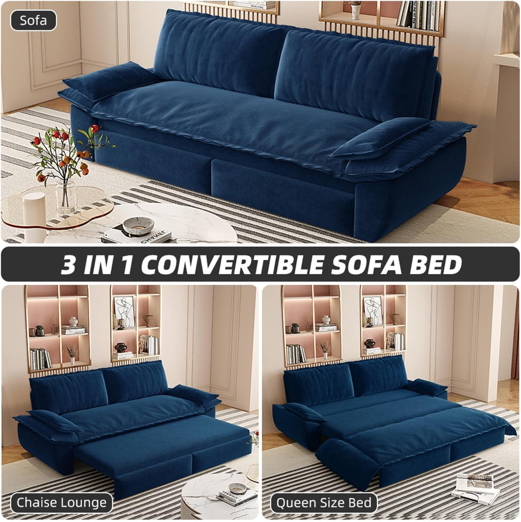 3 in 1 Convertible Queen Sleeper Sofa Bed Comfy Pull Out Futon Couch Bed 73.2' Modern Velvet Recliner Loveseat Sofa Multi-Functional Blue Cloud Couch for Living Room,Apartment,Office (Blue 73.2')