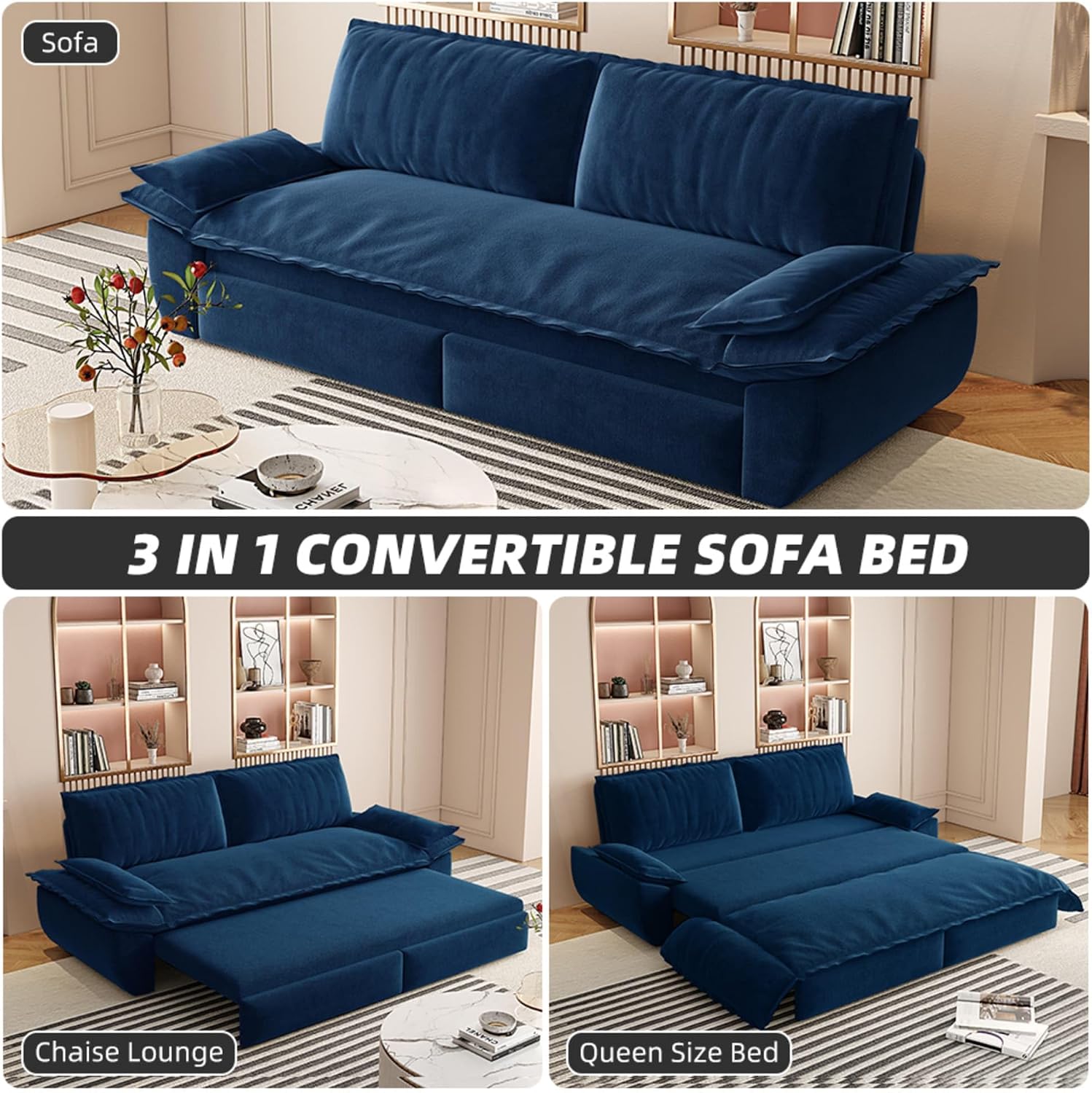 3 in 1 Convertible Queen Sleeper Sofa Bed Comfy Pull Out Futon Couch Bed 73.2' Modern Velvet Recliner Loveseat Sofa Multi-Functional Blue Cloud Couch for Living Room,Apartment,Office (Blue 73.2')
