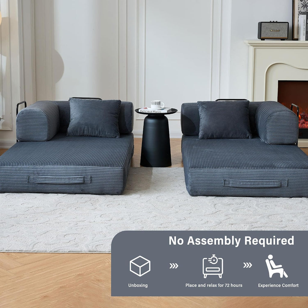 59' Boneless Folding Convertible Sofa Bed, Small 2-Seater Corduroy Futon Floor Couch with Pull Out Sleeper, No Assembly Boneless Loveseat for Living Room (Dark Gray)