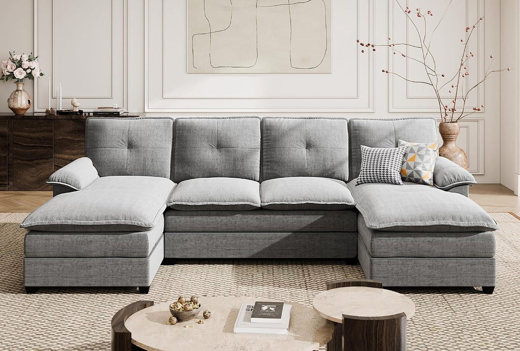 110' Sectional Couches for Living Room,U Shaped Big Sofa Couch with Double Chaise,Modern 4 Seat Modular Sofa Couches with Thick Cushion & Soft Backrest,New Grey