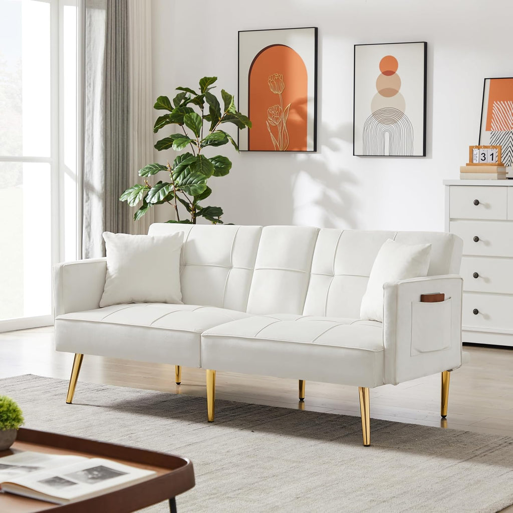 Futon Sofa Bed Convertible Daybed - Modern Linen Fabric Couch Bed with 2 Cup Holders & Removable Armrests, Multi-Functional Loveseat for Compact Spaces, Apartments, Dorms, Office (Space Saving Design)