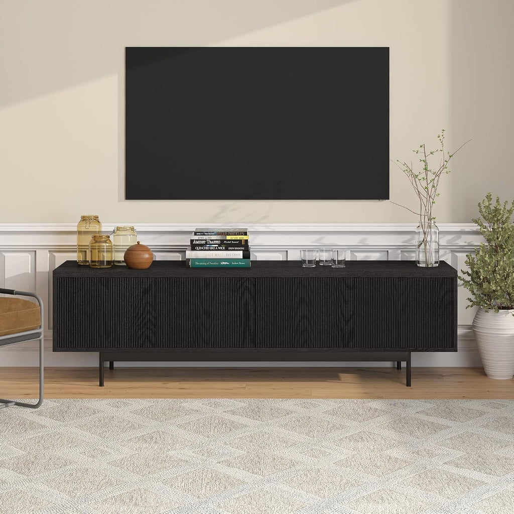 Henn&Hart Fluted TV Stand for TVs up to 75' with 2 Open-Concept Ribbed Storage Cabinets for Living Room, Family Room, or Office, Natural Black