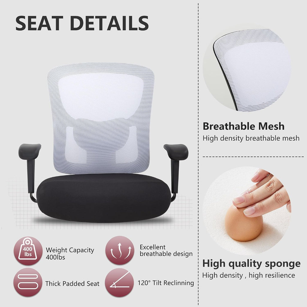Big and Tall Office Chair 400lbs Desk Chair Mesh Computer Chair with Lumbar Support Wide Seat Adjust Arms Rolling Swivel High Back Task Executive Ergonomic Chair for Home Office (White)