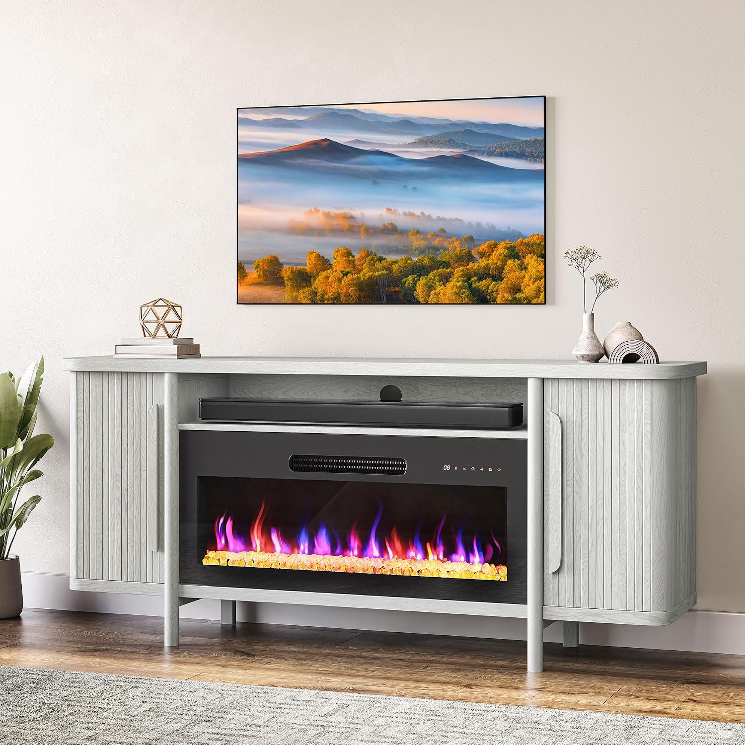 BELLEZE 66' TV Stand with 36' Electric Fireplace Heater, Wood Console Table for TVs up to 75', Entertainment Center with Storage Cabinets for Living Room, Bedroom - Portman (White Sand)